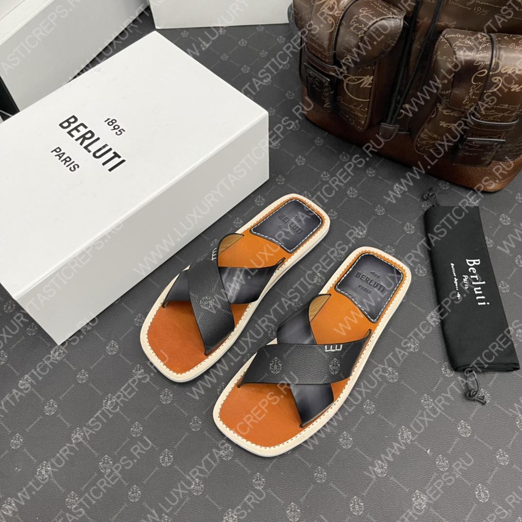 BERLUTI ELIO PATMOS LEATHER SANDALS GREY/ORANGE 811572