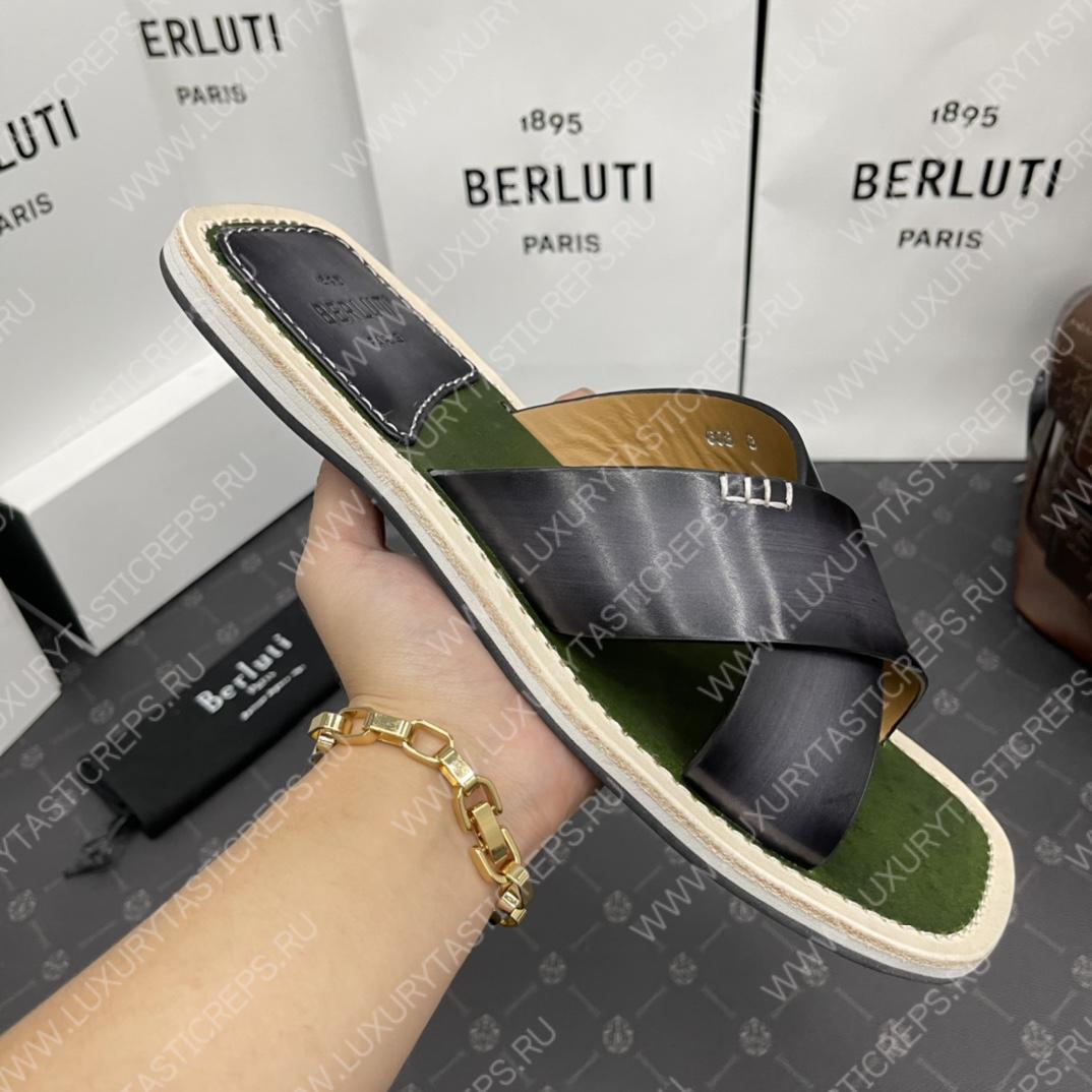 BERLUTI ELIO PATMOS LEATHER SANDALS GREY/OLIVE 811572