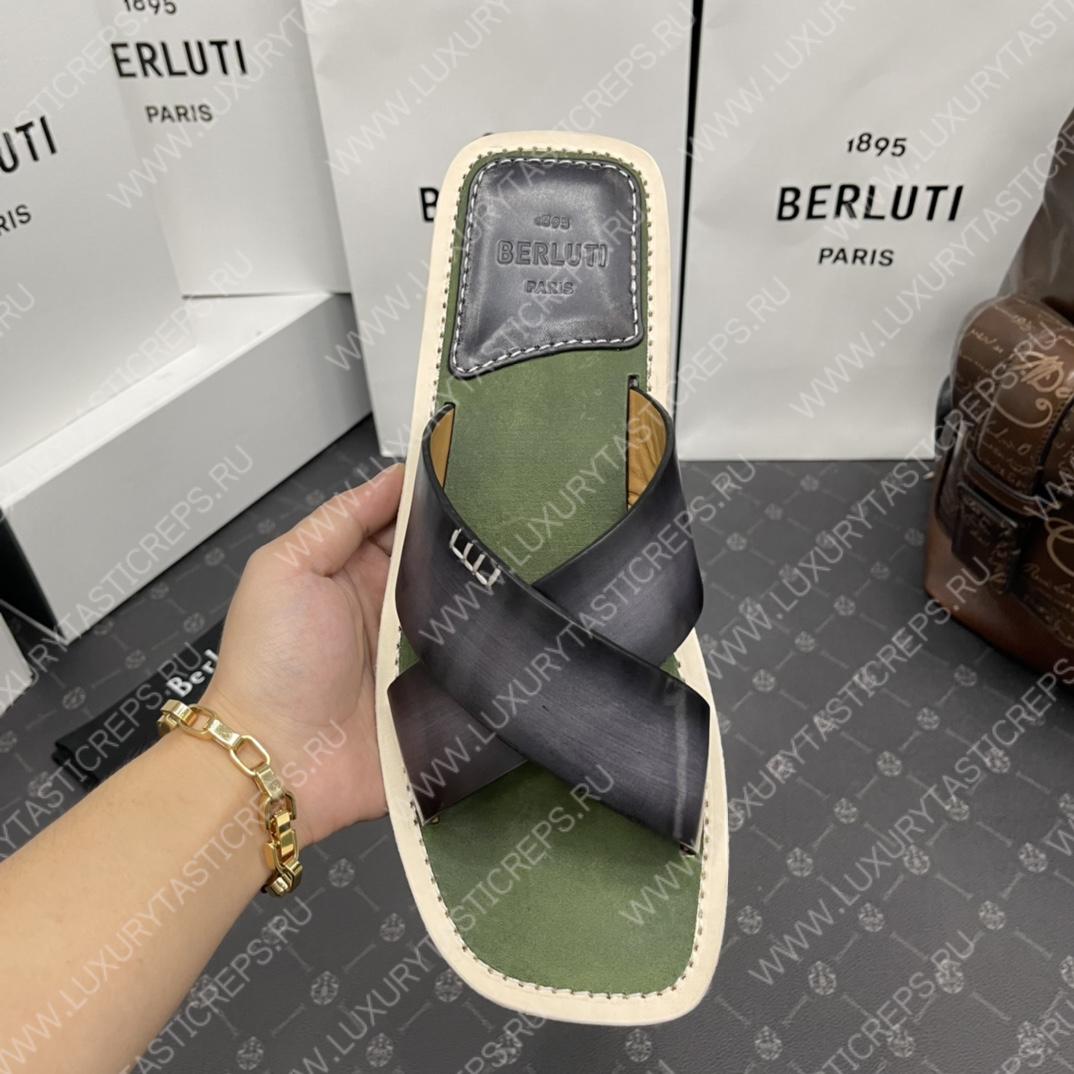 BERLUTI ELIO PATMOS LEATHER SANDALS GREY/OLIVE 811572