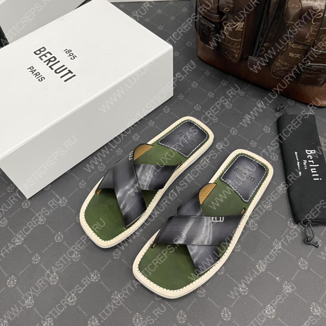 BERLUTI ELIO PATMOS LEATHER SANDALS GREY/OLIVE 811572