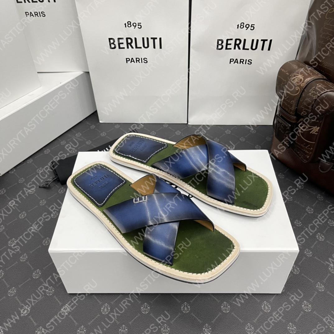 BERLUTI ELIO PATMOS LEATHER SANDALS BLUE/OLIVE 811572