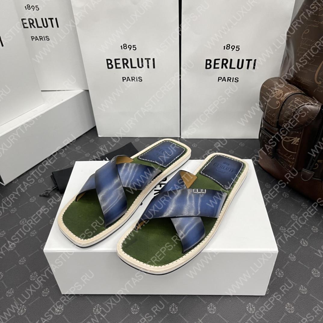 BERLUTI ELIO PATMOS LEATHER SANDALS BLUE/OLIVE 811572