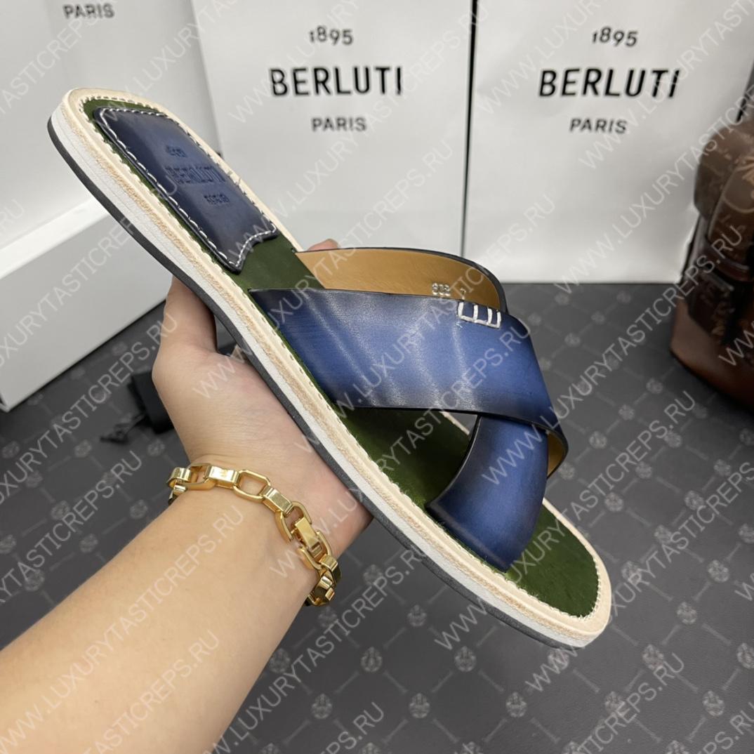 BERLUTI ELIO PATMOS LEATHER SANDALS BLUE/OLIVE 811572