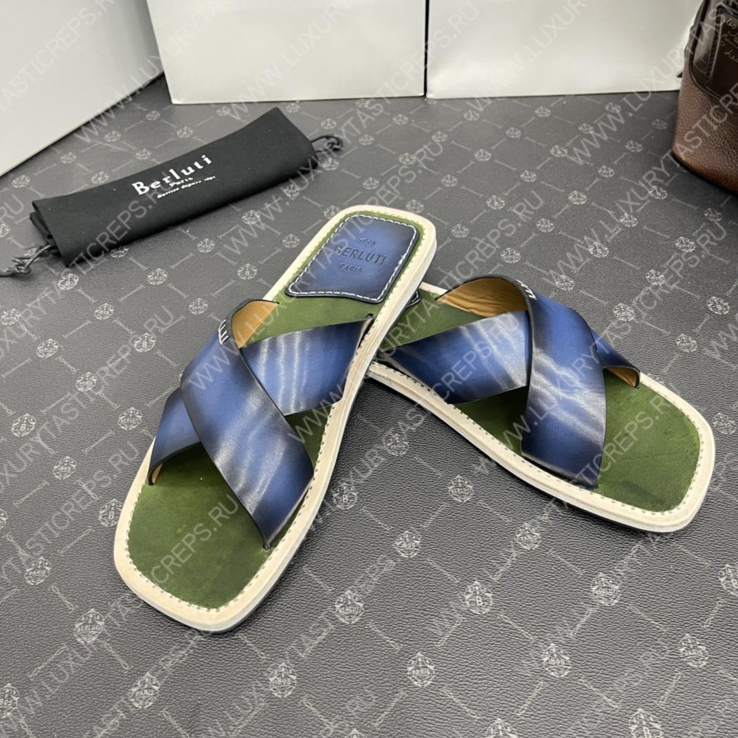 BERLUTI ELIO PATMOS LEATHER SANDALS BLUE/OLIVE 811572