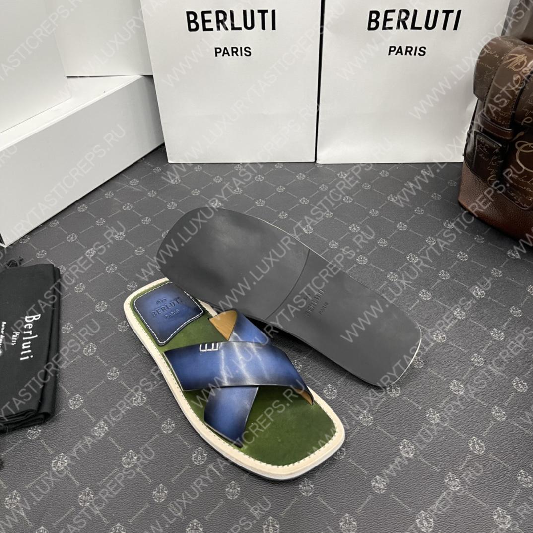 BERLUTI ELIO PATMOS LEATHER SANDALS BLUE/OLIVE 811572