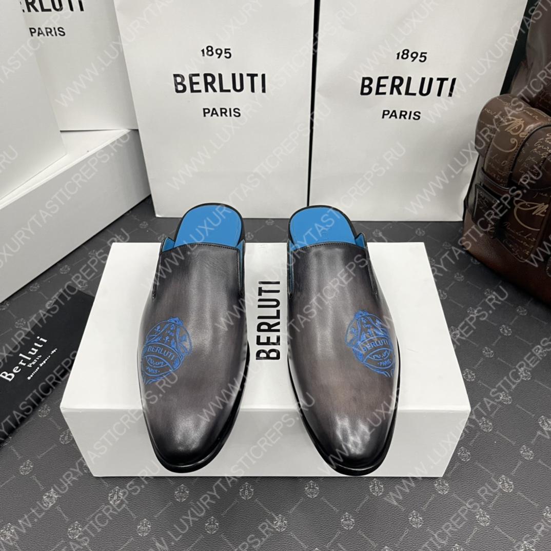 BERLUTI CYRUS SCRITTO SLIPPERS BLACK AND BLUE S3786