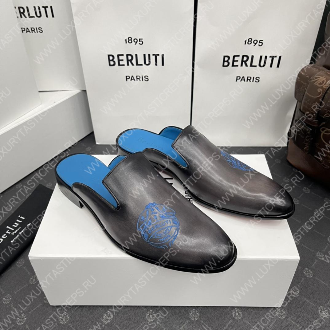 BERLUTI CYRUS SCRITTO SLIPPERS BLACK AND BLUE S3786