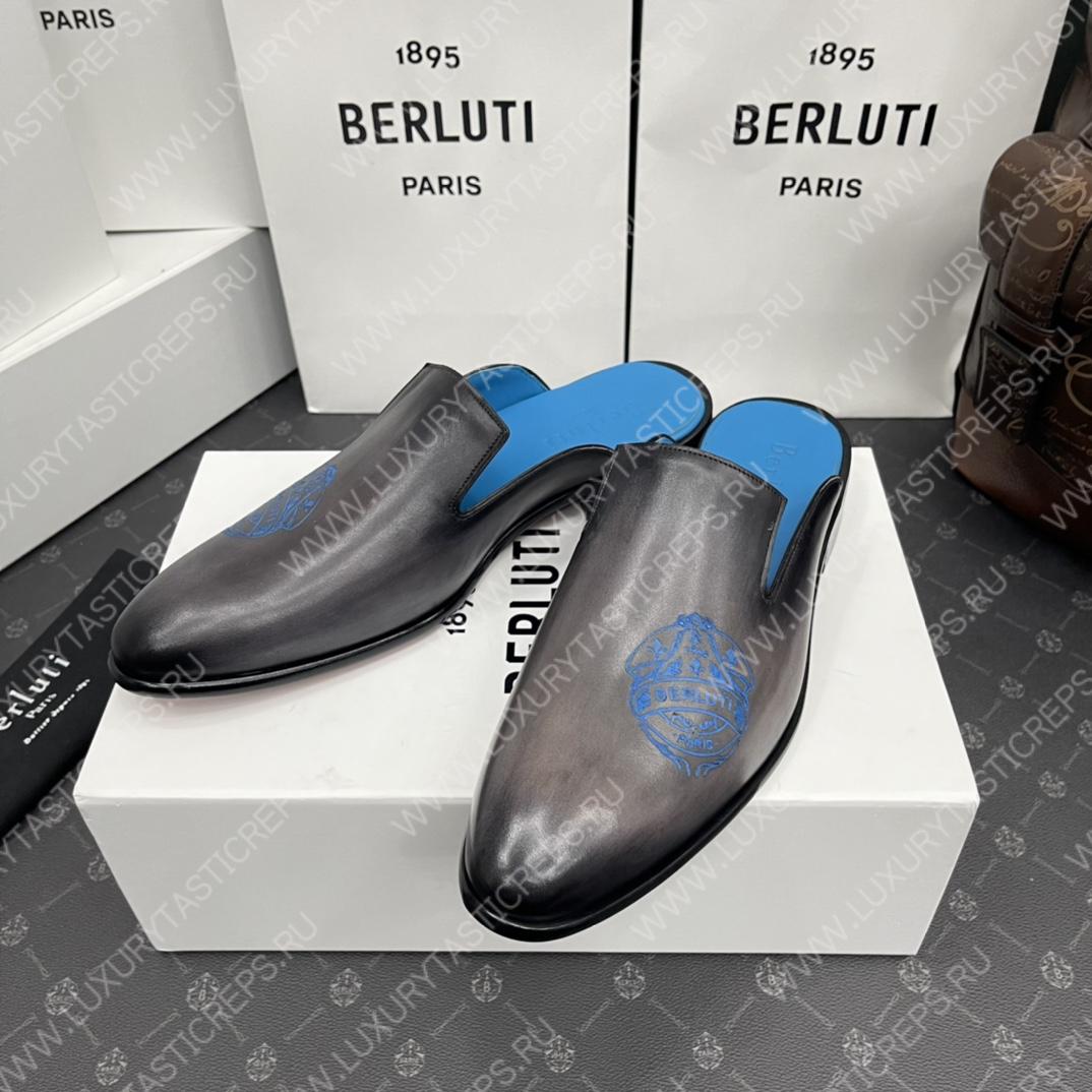 BERLUTI CYRUS SCRITTO SLIPPERS BLACK AND BLUE S3786