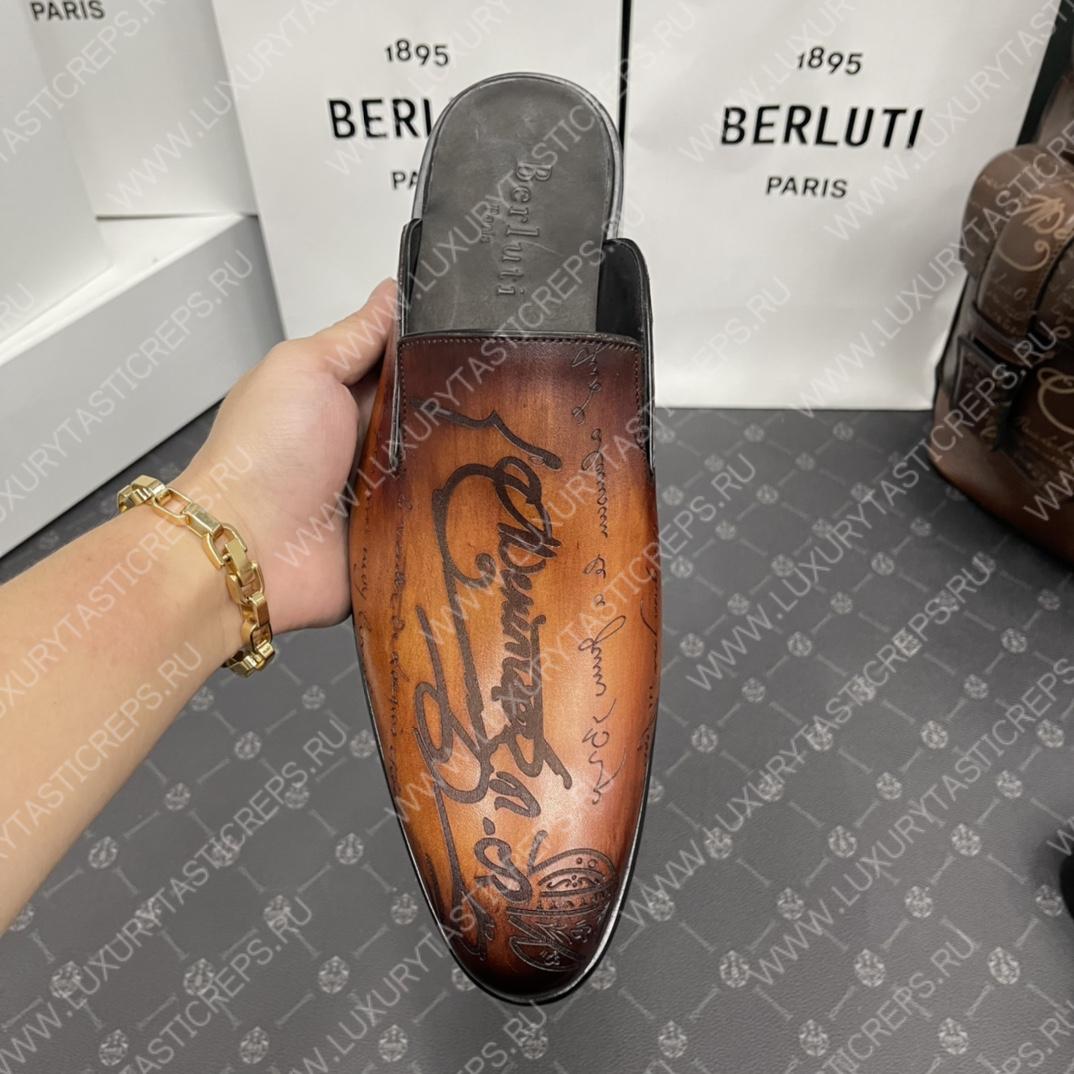BERLUTI CYRUS SCRITTO SLIPPERS TOBACCO BIS S3786