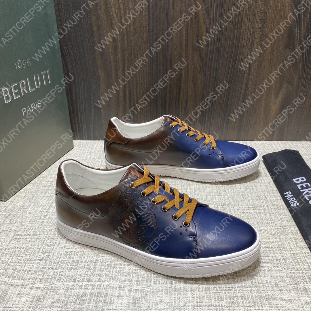 BERLUTI PLAYTIME SCRITTO SNEAKER INTENSE COCOA AND BLUE S5330-V2
