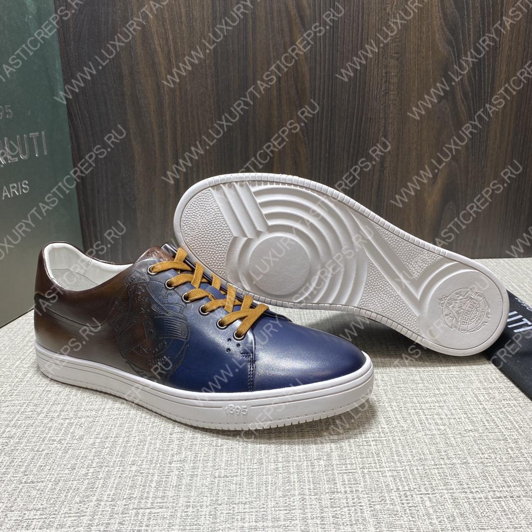 BERLUTI PLAYTIME SCRITTO SNEAKER INTENSE COCOA AND BLUE S5330-V2