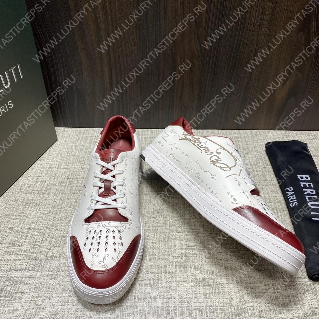 BERLUTI PLAYTIME SCRITTO SNEAKER WHITE AND RED S5304-V31