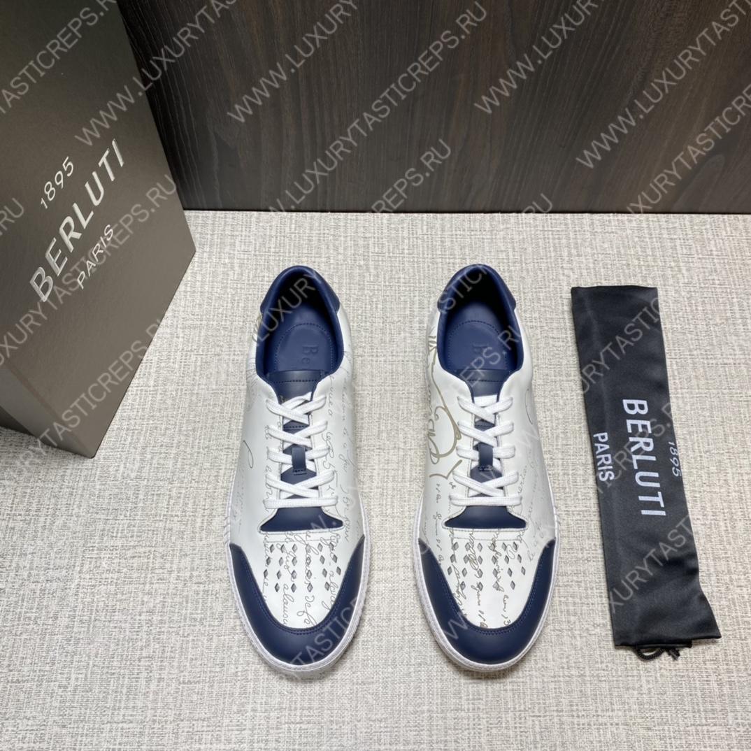 BERLUTI PLAYTIME SCRITTO SNEAKER WHITE AND BLUE S5304-V31