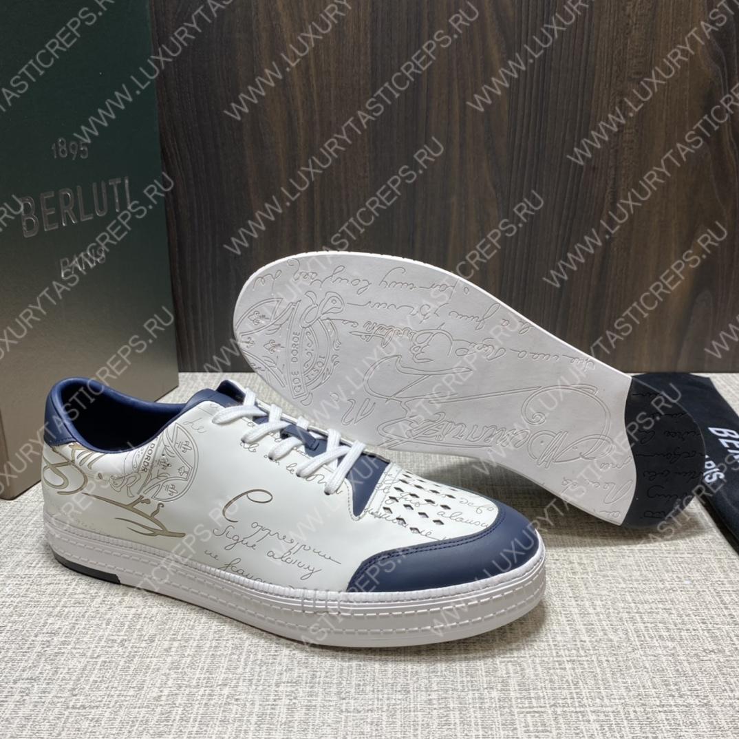 BERLUTI PLAYTIME SCRITTO SNEAKER WHITE AND BLUE S5304-V31