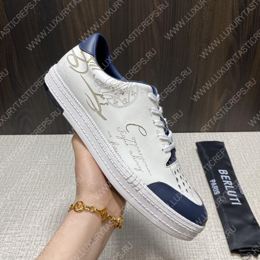 BERLUTI PLAYTIME SCRITTO SNEAKER WHITE AND BLUE S5304-V31