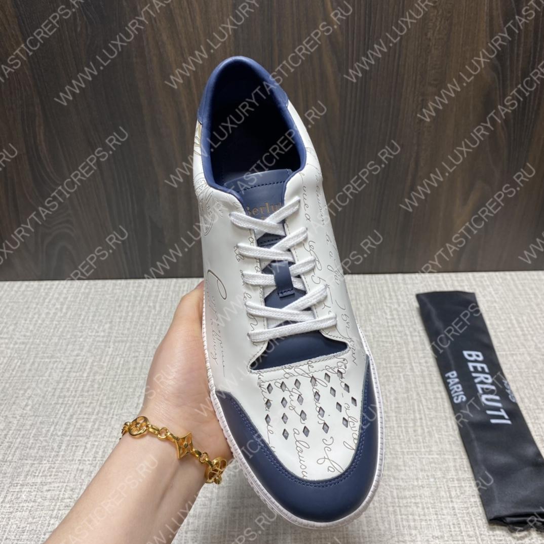 BERLUTI PLAYTIME SCRITTO SNEAKER WHITE AND BLUE S5304-V31