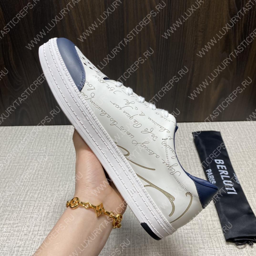 BERLUTI PLAYTIME SCRITTO SNEAKER WHITE AND BLUE S5304-V31