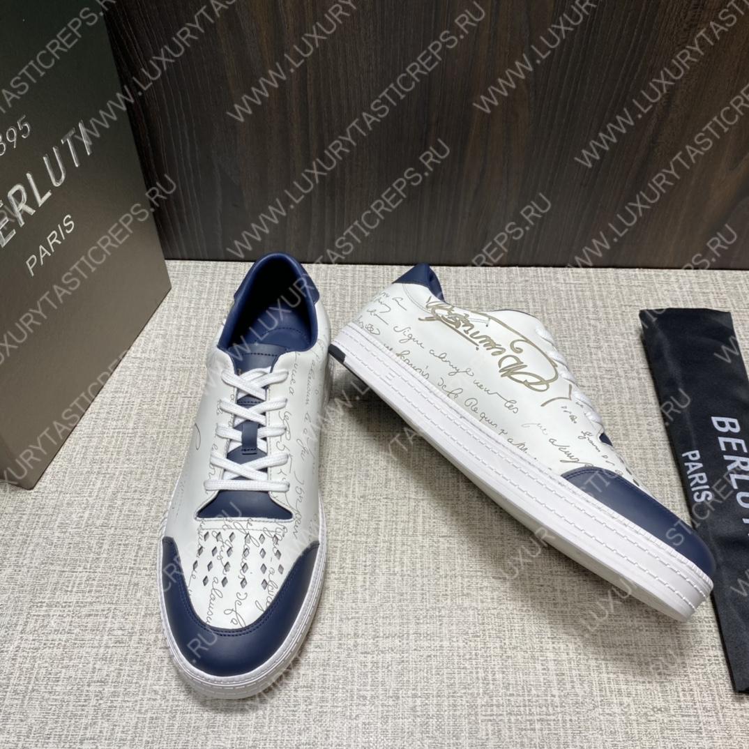 BERLUTI PLAYTIME SCRITTO SNEAKER WHITE AND BLUE S5304-V31
