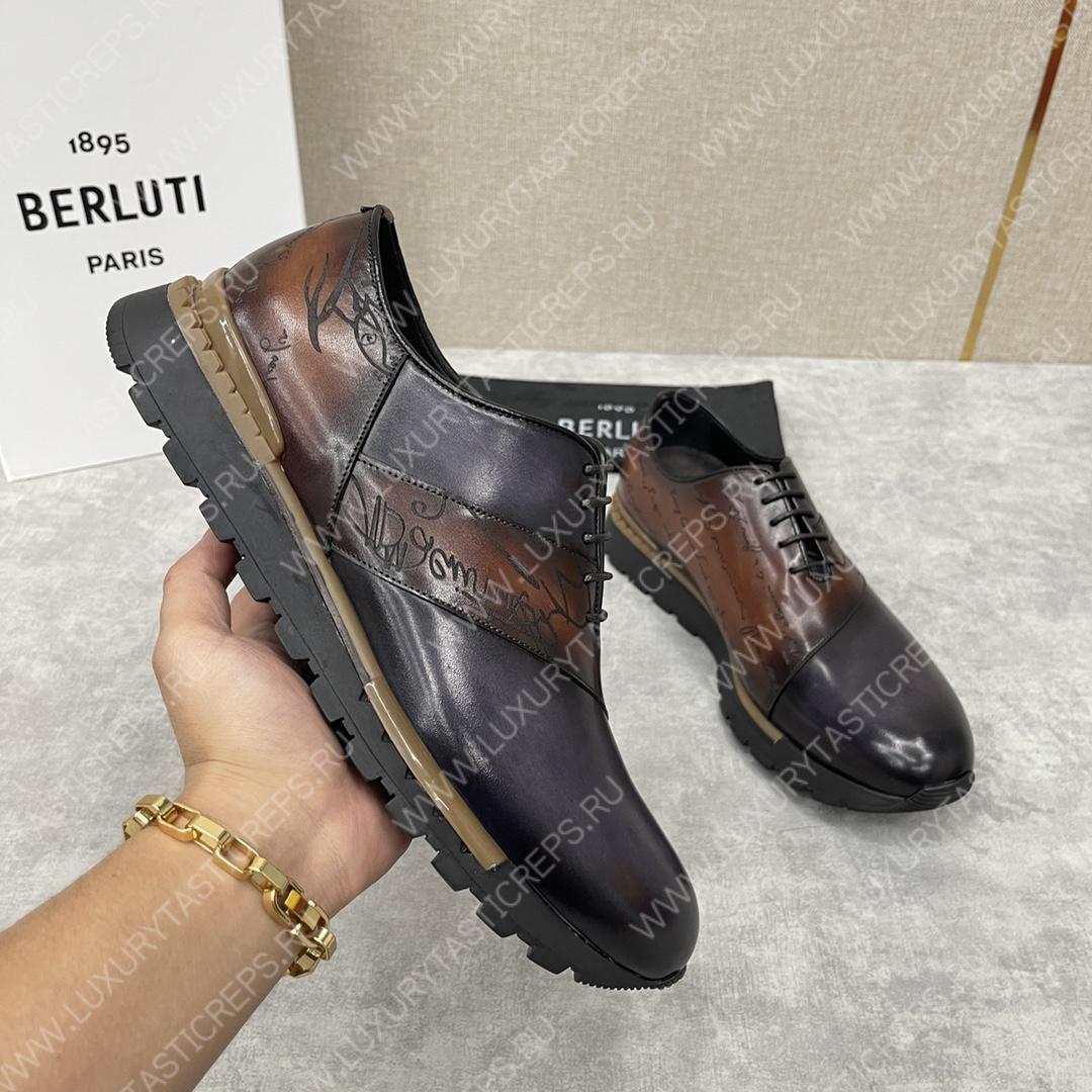 BERLUTI FAST TRACK SCRITTO SNEAKER CHARCOL BROWN AND BLACK S6009-V2