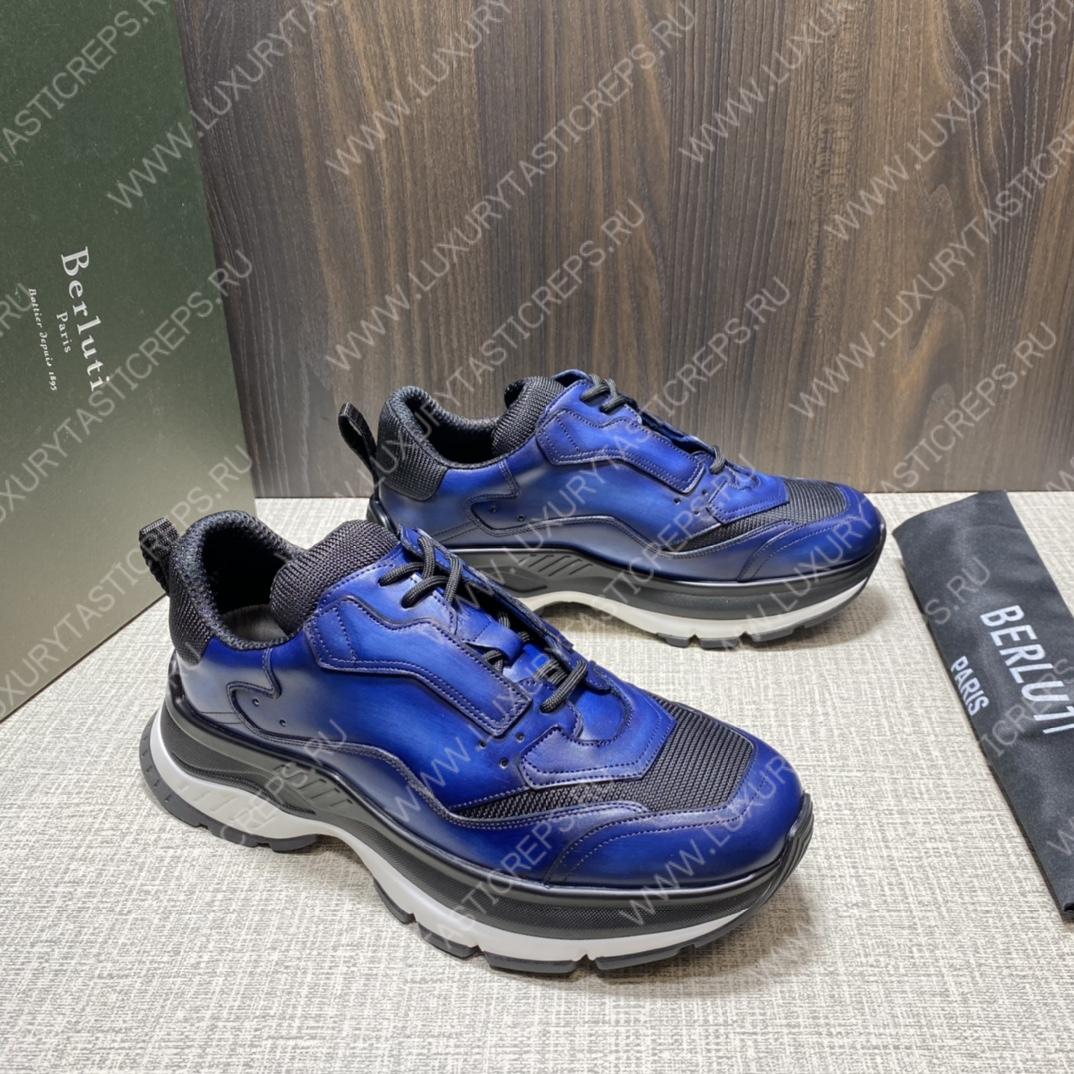 BERLUTI PLAYOFF SCRITTO LEATHER SNEAKER BLUE S5867-V2