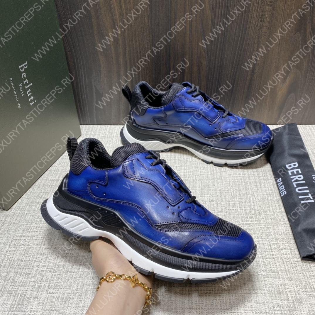 BERLUTI PLAYOFF SCRITTO LEATHER SNEAKER BLUE S5867-V2