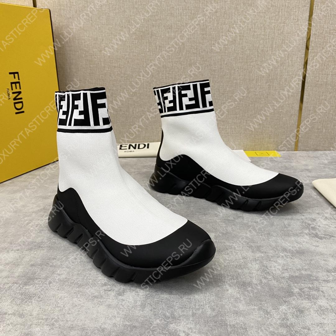 F**di men’s white high top sock sneakers shoes with zucchino ff logo white 409658