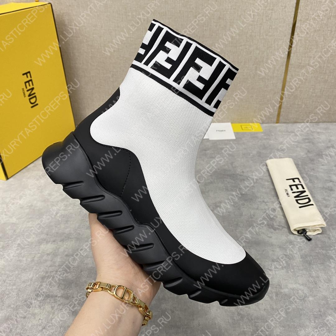 F**di men’s white high top sock sneakers shoes with zucchino ff logo white 409658