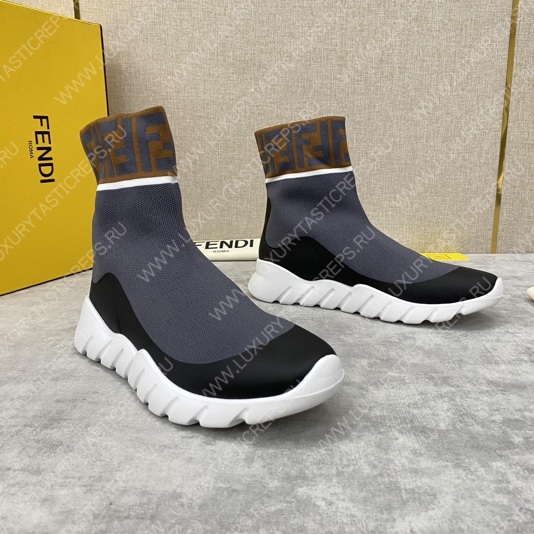 F**di men’s high top sock sneakers shoes with zucchino ff logo grey 401421