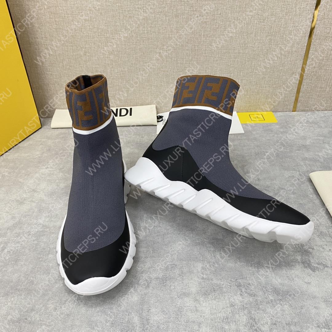 F**di men’s high top sock sneakers shoes with zucchino ff logo grey 401421