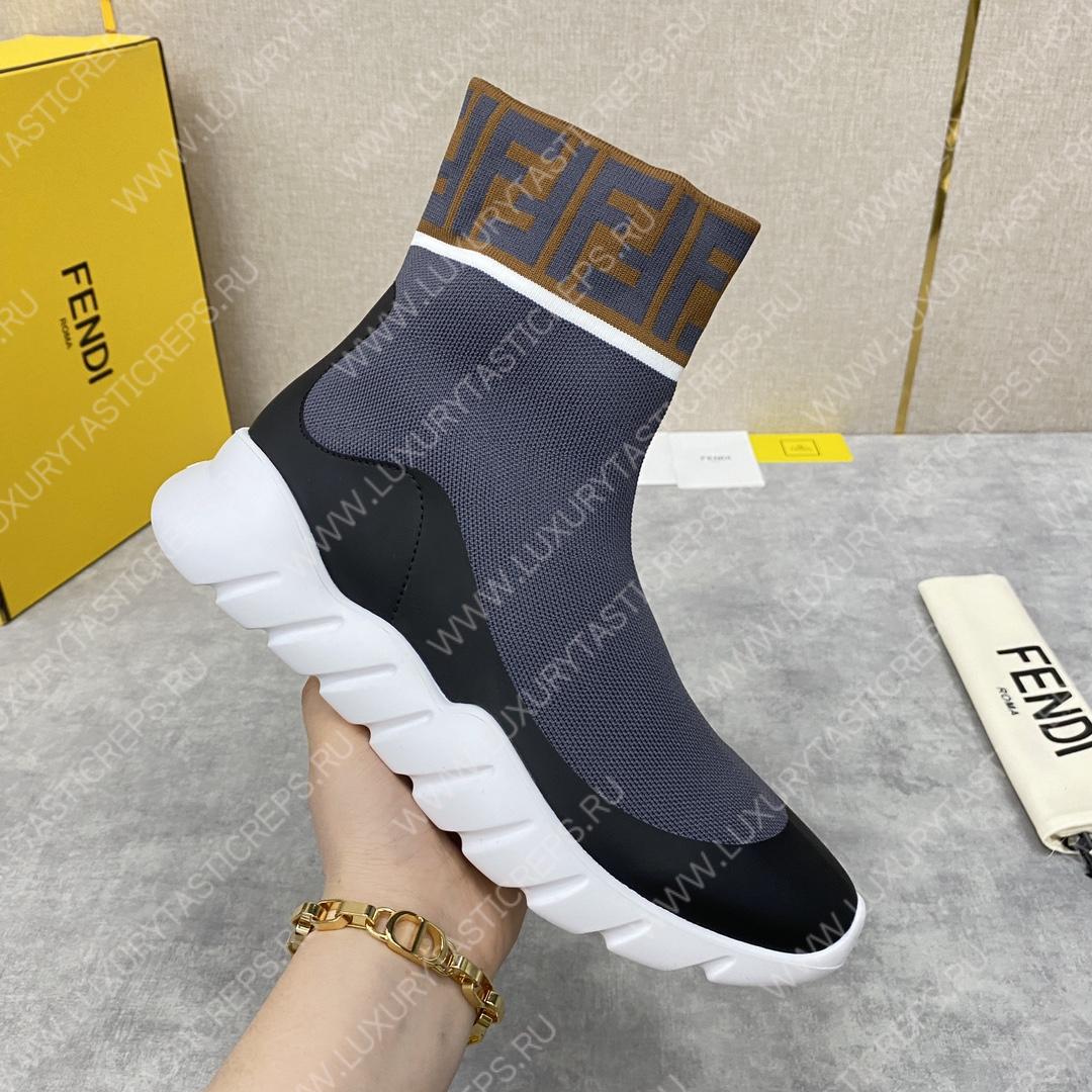 F**di men’s high top sock sneakers shoes with zucchino ff logo grey 401421