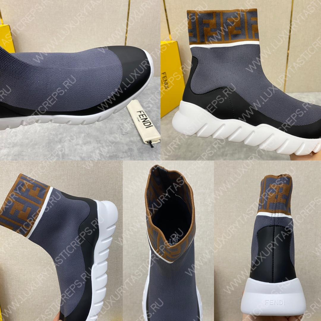 F**di men’s high top sock sneakers shoes with zucchino ff logo grey 401421