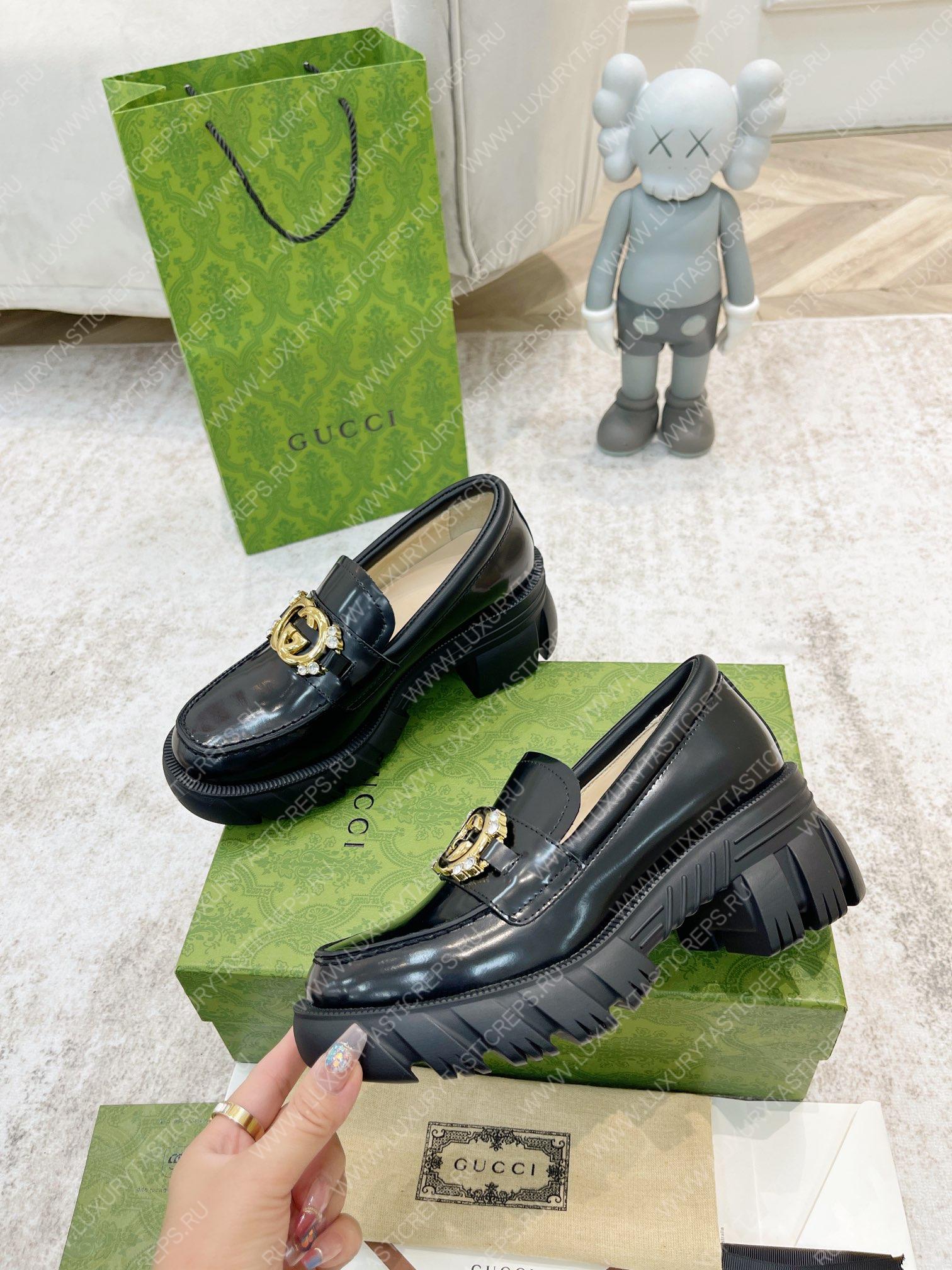 G*u*i lug sole interlocking g loafer black 700271