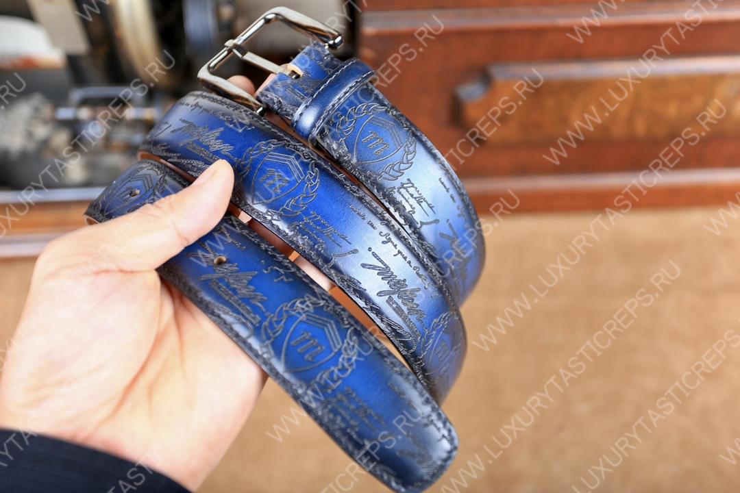 BERLUTI CLASSIC SCRITTO LEATHER BELT BLUE C0002