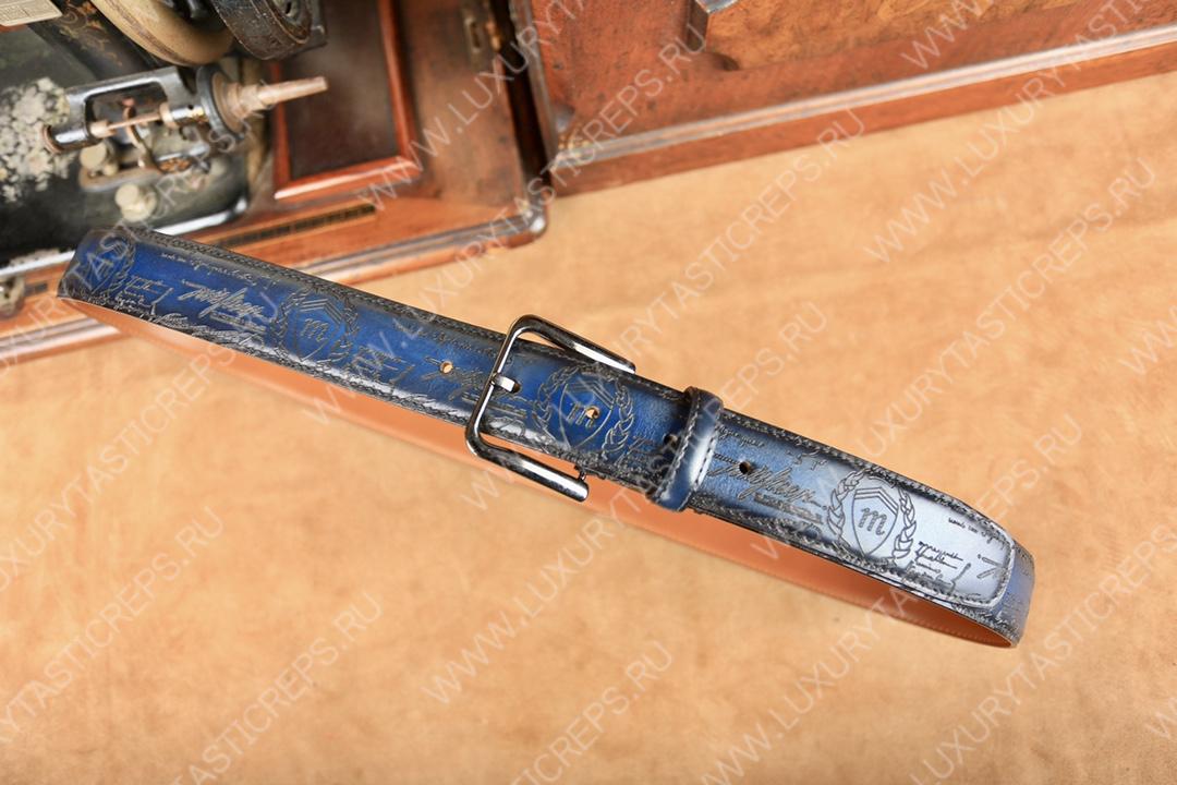 BERLUTI CLASSIC SCRITTO LEATHER BELT BLUE C0002