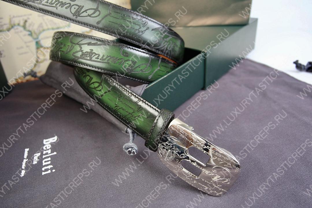 BERLUTI SIGNATURE SCRITTO LEATHER BELT GREEN C0063