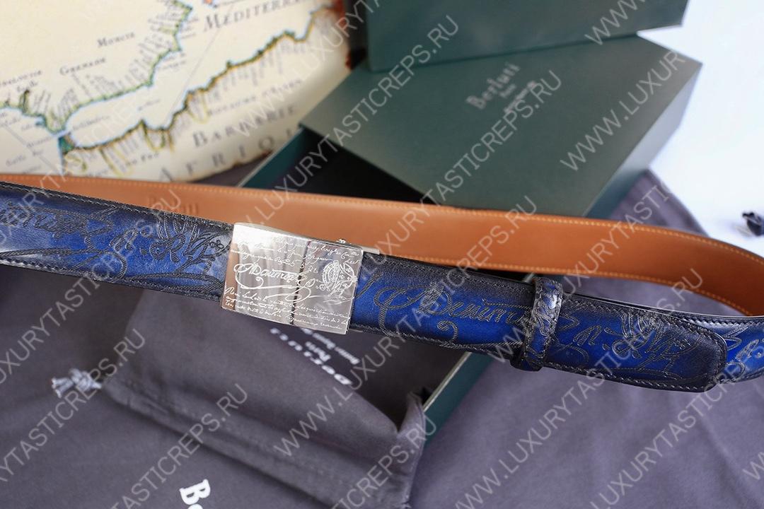 BERLUTI SIGNATURE SCRITTO LEATHER BELT BLUE C0063