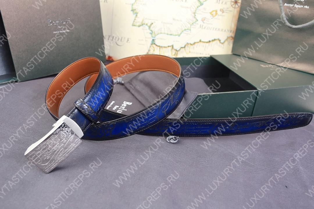 BERLUTI SIGNATURE SCRITTO LEATHER BELT BLUE C0063