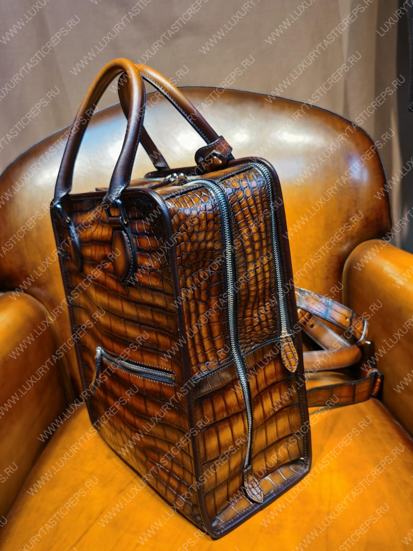 BERLUTI CROC EMBOSED LEATHER BACKPACK BROWN S1243-V3