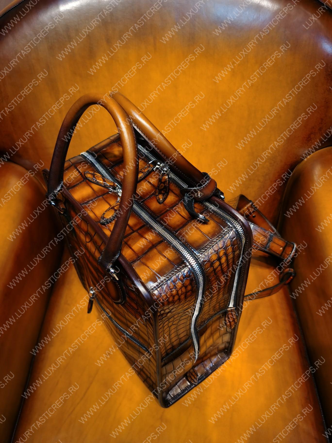 BERLUTI CROC EMBOSED LEATHER BACKPACK BROWN S1243-V3