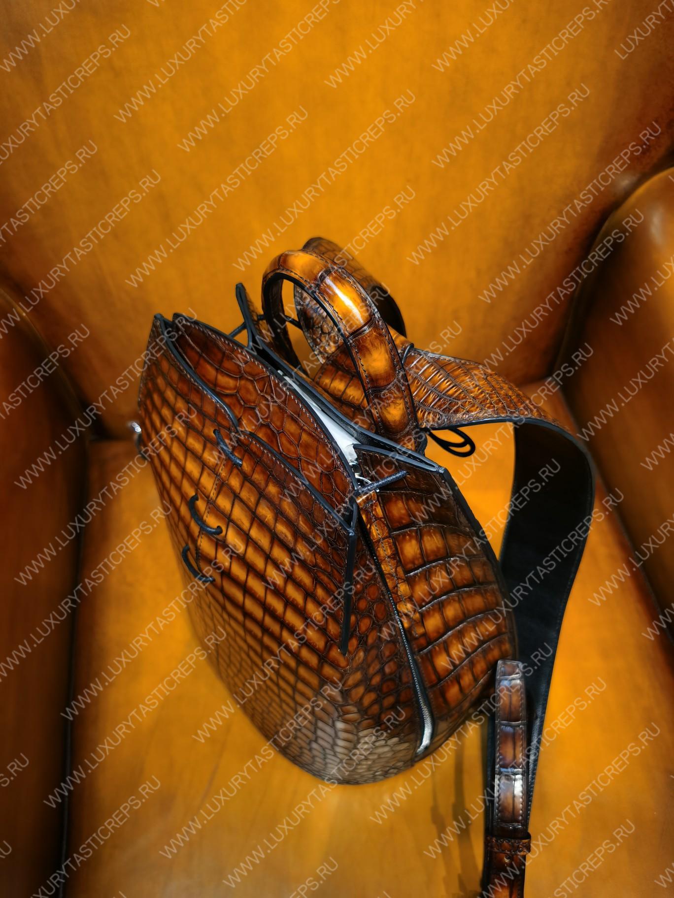 BERLUTI CROC EMBOSED LEATHER BACKPACK BROWN S1243-V3