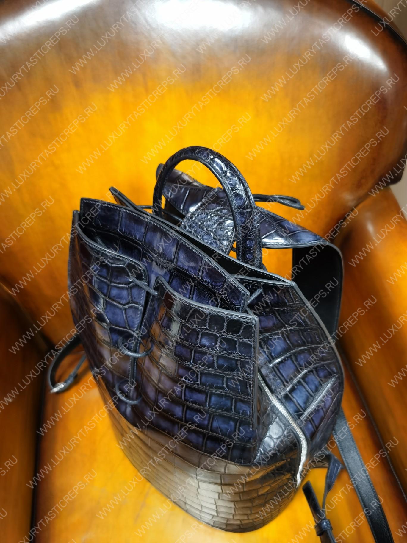 BERLUTI CROC EMBOSED LEATHER BACKPACK BLUE S1243-V3