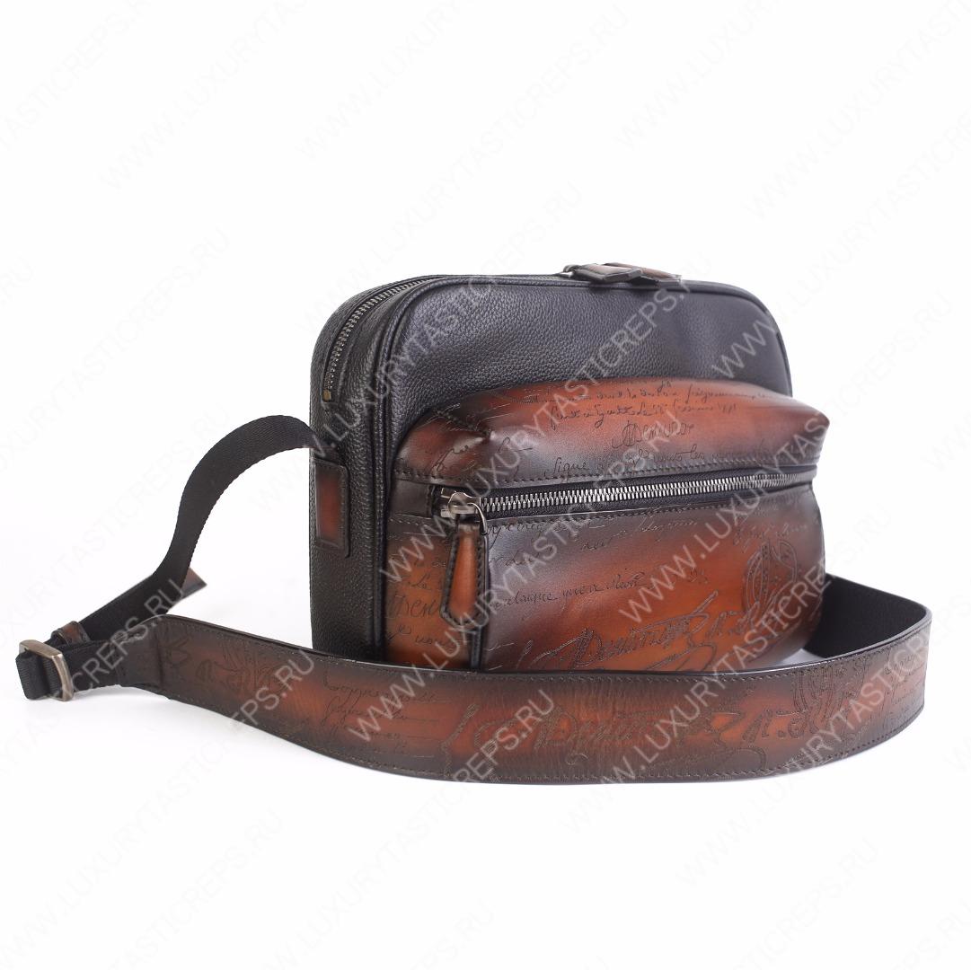 BERLUTI SCRITTO MESSENGER BAG BLACK GREY AND INTENSE COCOA S-1063