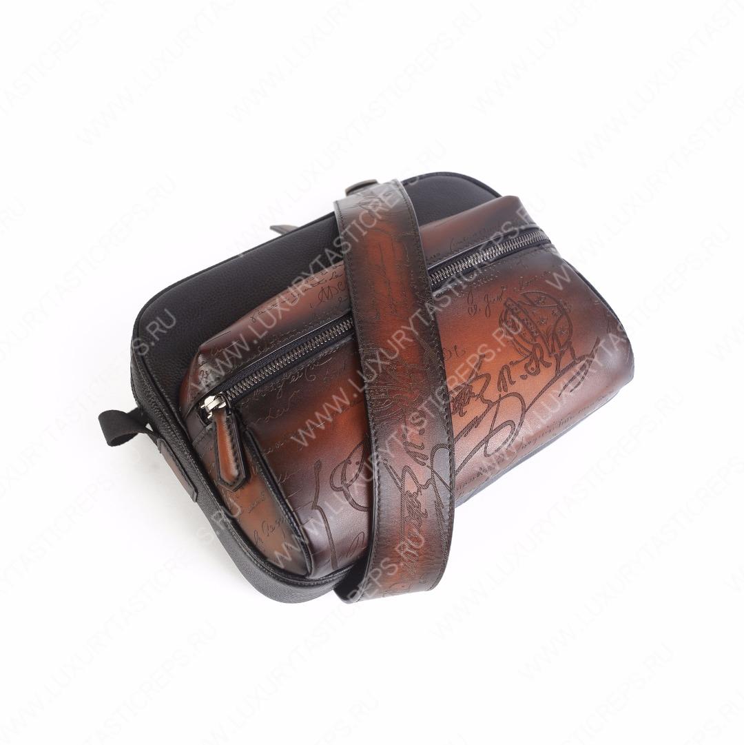 BERLUTI SCRITTO MESSENGER BAG BLACK GREY AND INTENSE COCOA S-1063